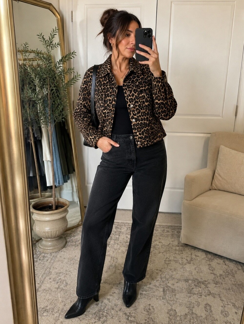 Elia Cher Leopard Print Denim Trucker Jacket Size Large